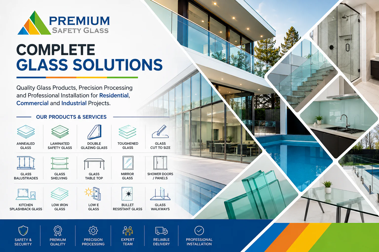 Complete glass solutions: quality glass products, precision processing and professional installation for residential, commercial and industrial projects — annealed, laminated, double glazing, toughened, cut to size, balustrades, shelving, table tops, mirrors, shower doors, splashbacks, low iron, Low-E, bullet resistant glass and walkways